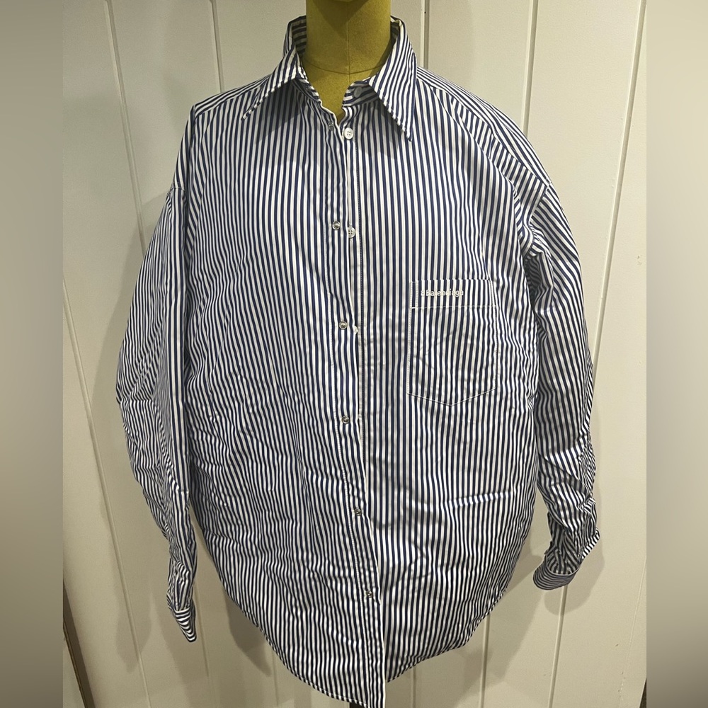 BALENCIAGA Blue White Striped Oversized Buttoned Up Jacket